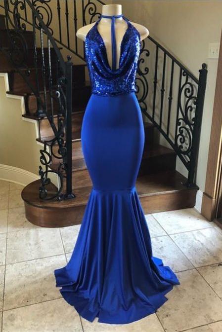 Gorgeous Royal Blue Sequins Mermaid Prom Dress Sleeveless,PL5355