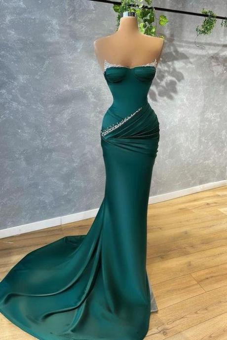 Chic Dark Green Strapless Mermaid Evening Dress With Beads,PL5355