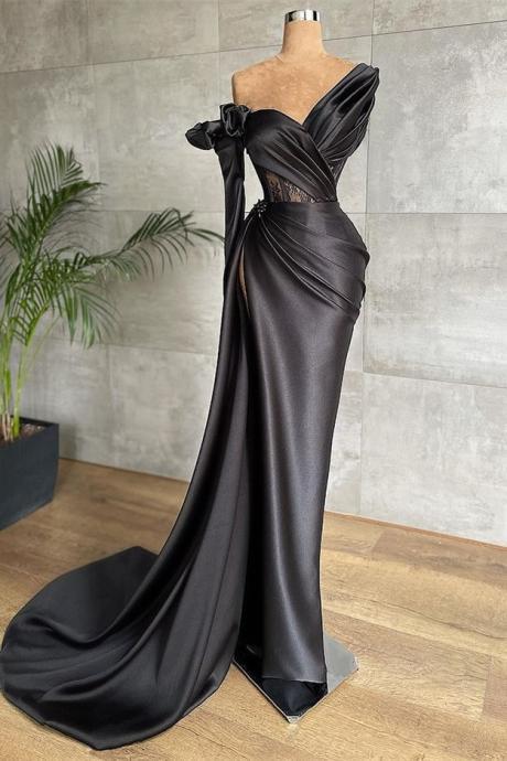 Stunning Black Long Sleeves Mermaid Prom Dress Pleated With Split,PL5358