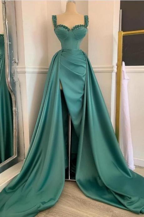 Stunning Straps Beadings Long Prom Dress Sleeveless With Slit,PL5360