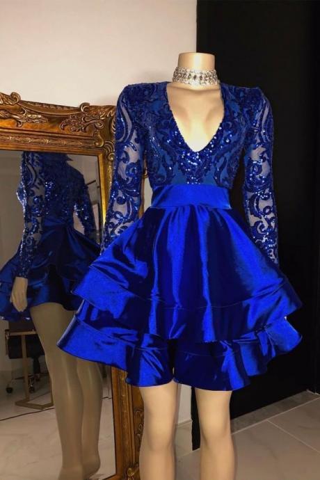 Long Sleevess Royal Blue Sequins Prom Dress Short Party Gowns,PL5361
