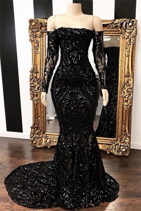 Black Long Sleeves Mermaid Sequins Prom Dress Off-the-Shoulder,PL5362