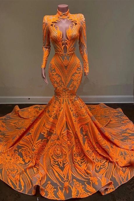 Gorgeous Orange High-Neck Long Sleeves Prom Dress Mermaid Sequins,PL5364
