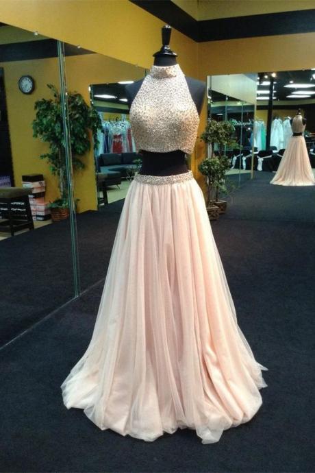High Neck Prom Dress,two Pieces Beaded Blush Prom Dress,blush Tulle Two Pieces Prom Gown,high Neck Party Dress