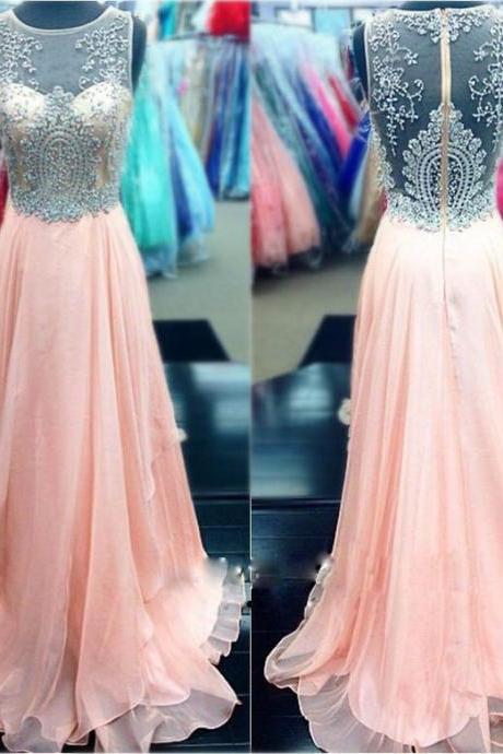 2016 A-line Long Pink Chiffon Prom Dresses Formal Gowns Evening Dresses Apliques See Through Back Beaded Party Cocktail Dresses Homecoming