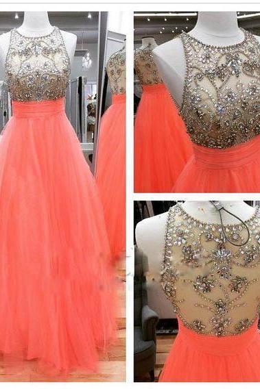 Long Orange Tulle Beaded A-line Prom Dress Party Cocktail Dresses Long Homecoming Dress Graduation Dress For Teens