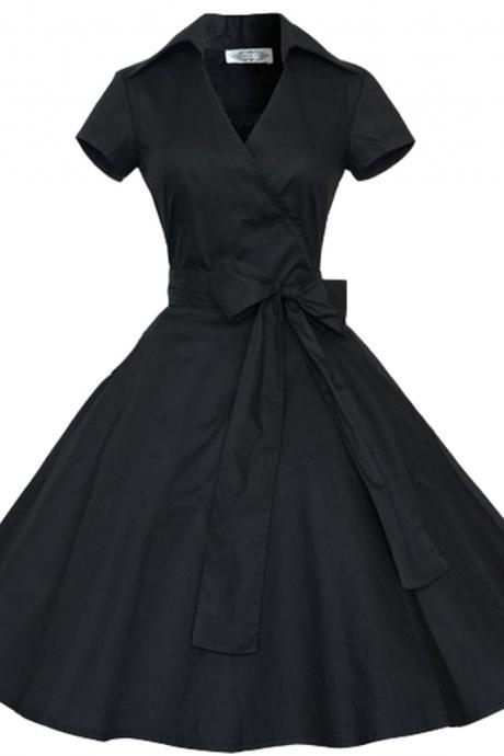 V Neck Short Sleeves Retro Hepburn Style Vintage Party Dress Sexy Pinup Swing Dress 1950s Cocktail Prom Formal Rockabilly Evening Dress With Sash