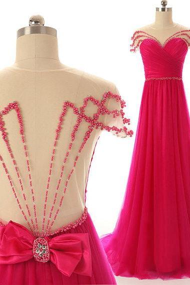 Long Pink Beaded Cap Sleeves Prom Party Dresses Long A-line Tulle Evening Dress Formal Pageant Gowns