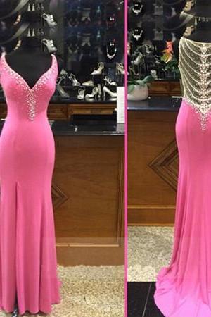 Pink Long V-neck Pealrs Mermaid Chiffon Prom Party Dresses Sexy Evening Dress Formal Gowns