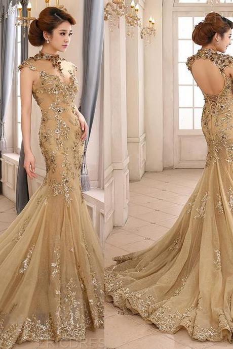 Long Backless Champagne Party Prom Dresses Appliques Mermaid Formal Evening Pageant Gowns