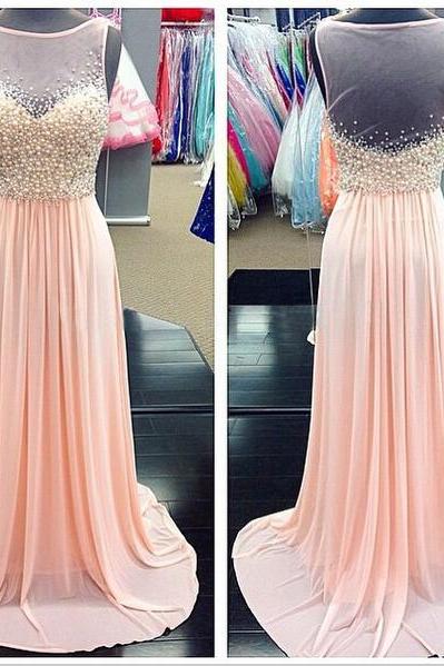 Blush Pink Prom Dress, Peals Prom Dress, Prom Dresses 2016, Chiffon Prom Dress,Chiffon Beaded Evening Gowns