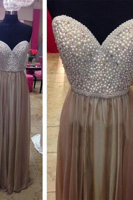 2016 Long Pearls Sweetheart A-line Chiifon Party Prom Dresses Brown Formal Evening Gowns Plus Size
