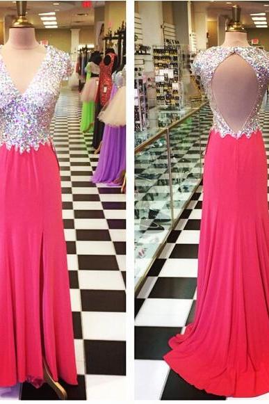 A Line Red Chiffon Prom Dresses ,High Slit Prom Dress, Sequins Evening Dress,Sexy Backless Party Dresses, Long Chiffon Prom Dresses,Chiffon Formal Gowns,V-neck Prom Dress