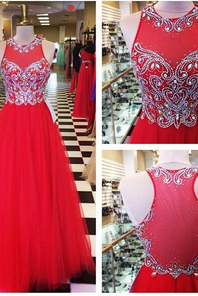 Red Tulle Prom Dresses,long Tulle Prom Dresses,a-line Tulle Prom Dresses,beaded Prom Dresses,see Through Formal Gowns,long Beaded Evening