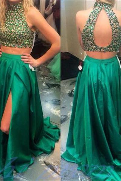 2 Piece Prom Gowns,Two Piece Prom Dresses,Open Backs Prom Dresses,Satin High Slit Prom Dresses,Sexy Slit Formal Gowns,Sequins Prom Dresses,Sexy Party Dresses