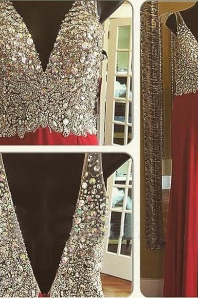 Long Red Chiffon Beaded Crystals Prom Party Dresses V-neck Pageant Ball Gowns Formal Evening Gowns