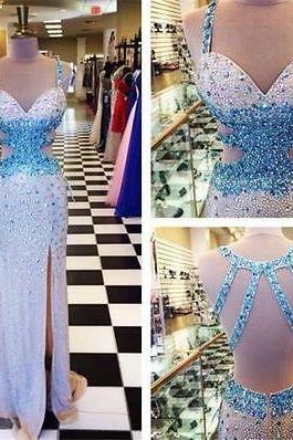 Sexy Long High Slit Beaded Crystals Backless Prom Party Formal Evening Dresses