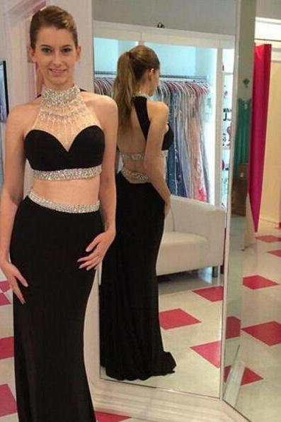 Free Shipping Sexy Two Pieces Prom Dress,Keyhole Back Graduation Dress,Backless Homecoming Dress,Black Evening Party Dress