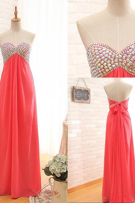 Ready To Ship Light Red Empire Prom Dress,beaded Chiffon Graduation Dress,a-line Keyhole Back Formal Party Dress