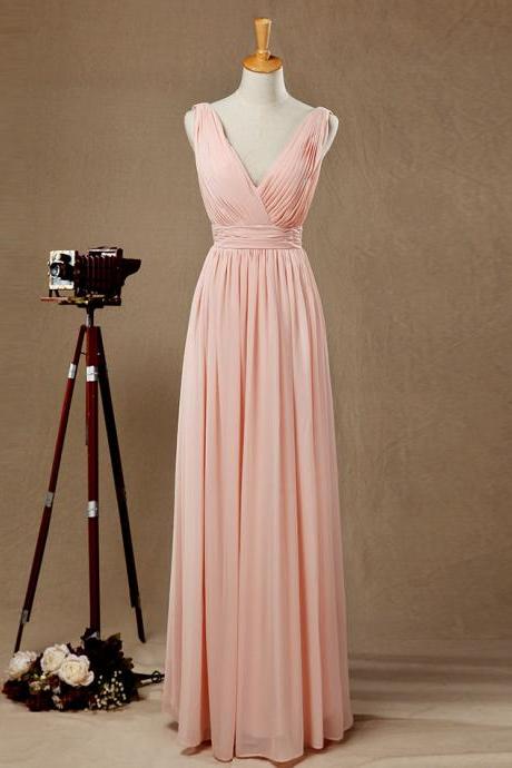 Blush Pink Bridesmaid Dress,v-neckline Bridesmaid Dress,a-line Chiffon V-back Prom Dress,blush Pink Wedding Party Dress