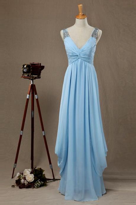 Straps Blue Bridesmaid Dress,Blue Formal Dress,Straps Evening Dress,V-neckline Bridesmaid Dress,Light Blue Party Dress,Blue Prom Dress
