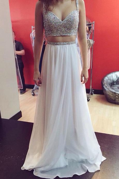 Two Pieces Prom Dress,sexy Beaded Prom Gown,prom Dress 2016,white Party Dress,two Pieces White Graduation Dress
