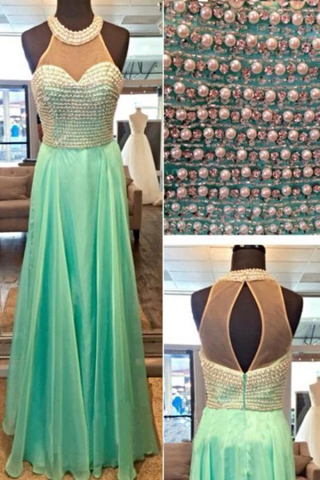 Halter Neckline Prom Dress,beaded Green Graduation Dress,keyhole Back Beaded Party Dress,halter Formal Dress