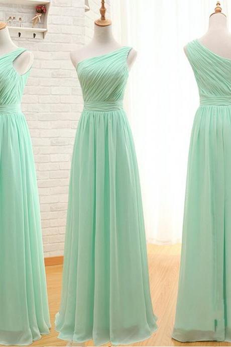Light Green Ruched Chiffon One-shoulder Floor Length A-line Formal Dress, Prom Dress, Bridesmaid Dress
