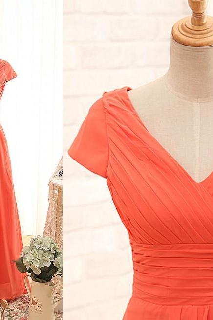 Short Sleeves V-neckline Orange Bridesmaid Dress,Custom Prom Dress