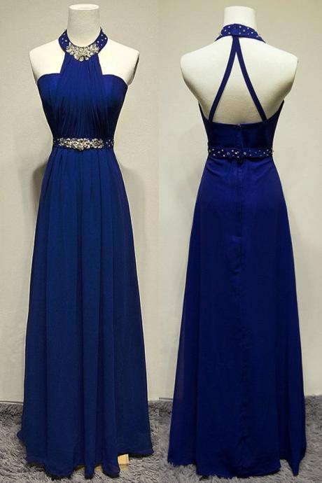 Halter Neckline Prom Dresses,royal Blue Open Back Graduation Dresses,chiffon Evening Party Dresses,prom Gowns,blue Occasion Dresses