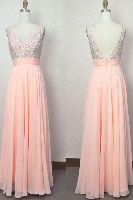 Beaded V-neckline Prom Dresses,blush Pink Evening Party Dresses,v-back Beaded Graduation Dresses