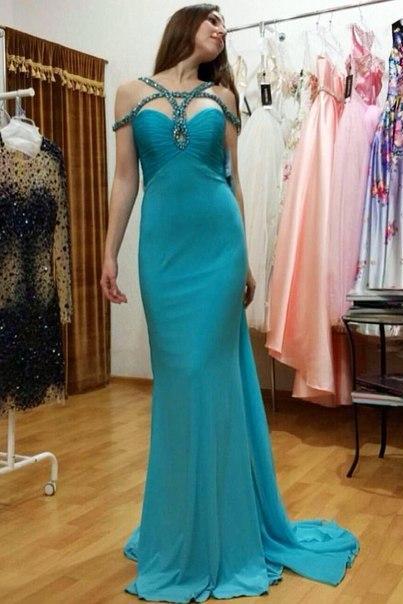 Prom Dresses Sexy Cheap Mermaid Blue Beads Chiffon Backless Prom Dress Formal Dress Evening Dress Party Prom Gowns