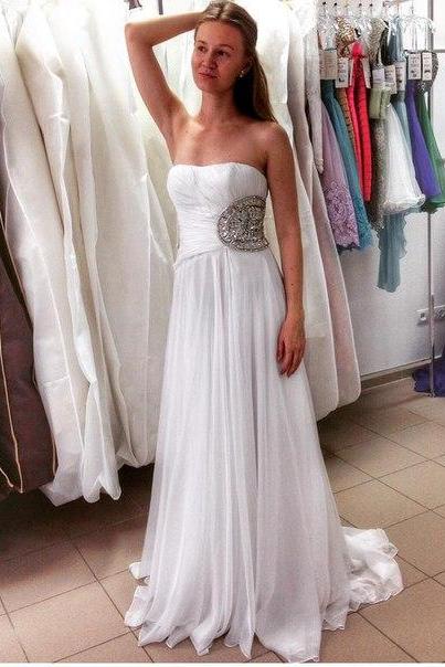 Prom Dresses Sexy White Strapless Beads Rhinestones Chiffon Long Prom Dress Formal Evening Party Gowns
