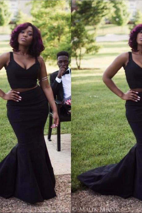 Sexy Charming Black Mermaid Prom Dresses 2016 Plus Size Spaghetti Strap Two Piece Party Gowns Formal Evening Dress vestidos