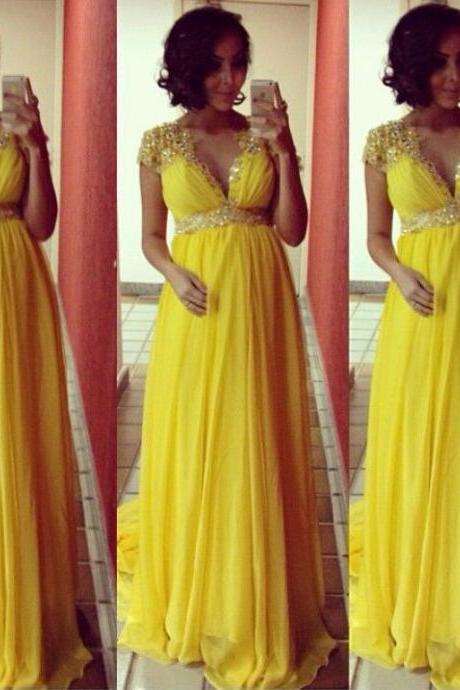 Cap Sleeve Chiffon Empire Waist Yellow Beaded V Neck Party Gowns Custom Made Maternity Pregnant Evening Dresses 2016 Prom Dress Vestidos