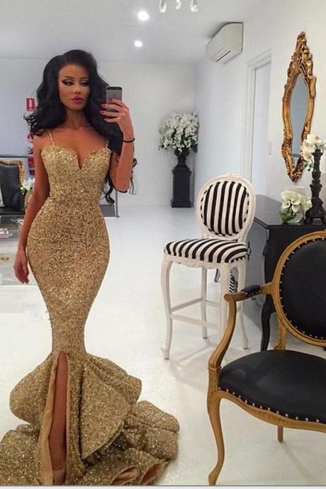 Luxury Sparkling Gold Spaghetti Straps Mermaid Evening Dresses Front Slit Sequined Backless Formal Gown 2016 Prom Dress Vestidos