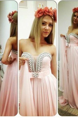 Pink Chiffon Prom Dresses Long Formal Beads Party A-line Dresses Custom-made