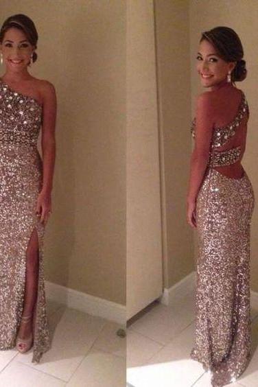 New Long Dark Blush Slit Sequin Prom Dresses Sheath Front Slit Prom Gowns Free Shipping