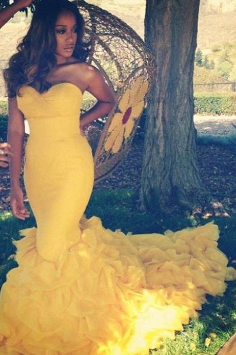 Sexy Backless Long Mermaid Prom Dresses 2016 Fashion Yellow Off The Shoulder Fitted Evening Party Gowns Vestidos Tiered Ruffles