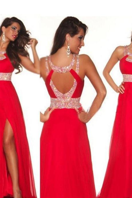 Sexy Red Prom Dress Vestido de festa Halter High Slit Floor Length Formal Party Prom Gown A Line Sequined Formal Dress