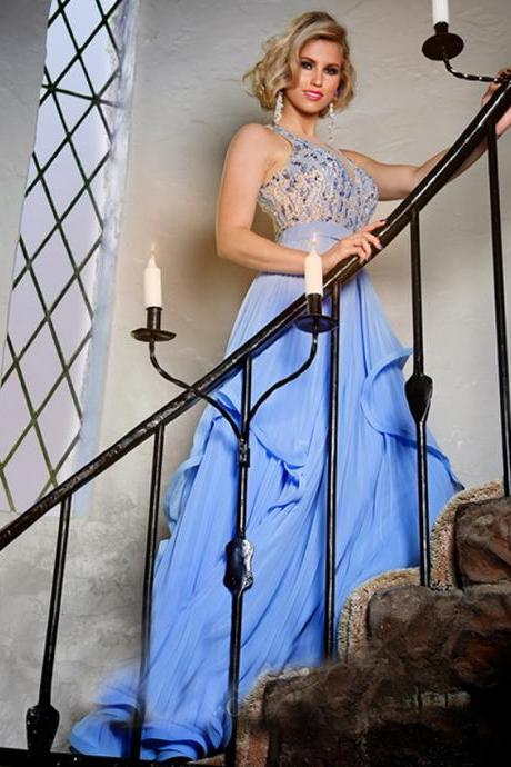 Blue Sexy O Neck Back See Through Beading Crystal Long Women Formal Evning Dress Mother of the Bride Dress