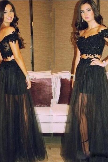 Party Dresses two piece prom dresses	2016 Black Appliques Lace Tulle Custom Made vestidos de noche Evening Gowns