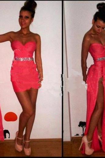 Hot Pink Short Sheath Chiffon Prom Dresses With Detachable Split Side Train Sweetheart Beaded Belt Homecoming Gowns