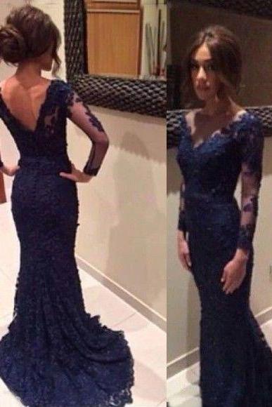 Navy Blue Lace Evening Dress Lace Long Sleeve V Neck Buttons Back Long Mermaid Sweep Train Prom/party/wedding Guest Gown