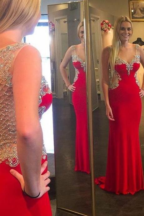 Charming Hot Red Evening Dresses beaded crystal sexy v neck 2016 prom dresses floor length party dress vestidos de festa