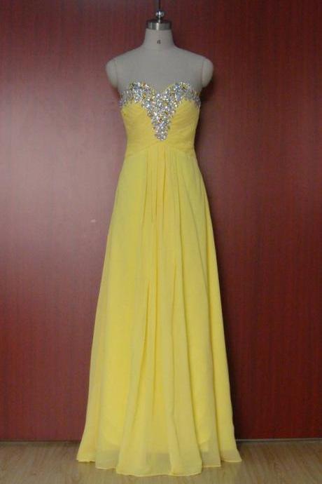 Real Photo! Long Yellow Evening Dress Stunning Gown Arrival Formal Dresses Straight Beading Chiffon Stock