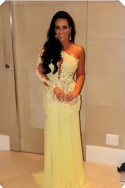 Hot Sale Yellow Prom Dresses 2015 One Shoulder Full Sleeve Sheer Back Sweep Train Tulle Applique 2016 Sheath Formal Dresses