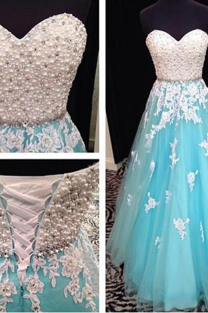 fashion sexy blue evening dresses 2016 sweetheart beaded appliques lace tulle womens formal prom gown dress for party