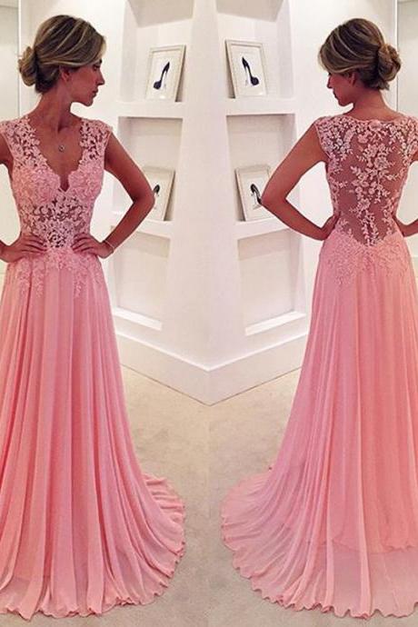 Pink Lace Appliques Long Chiffon See Through Evening Dresses 2016 Sexy Formal Prom Gowns