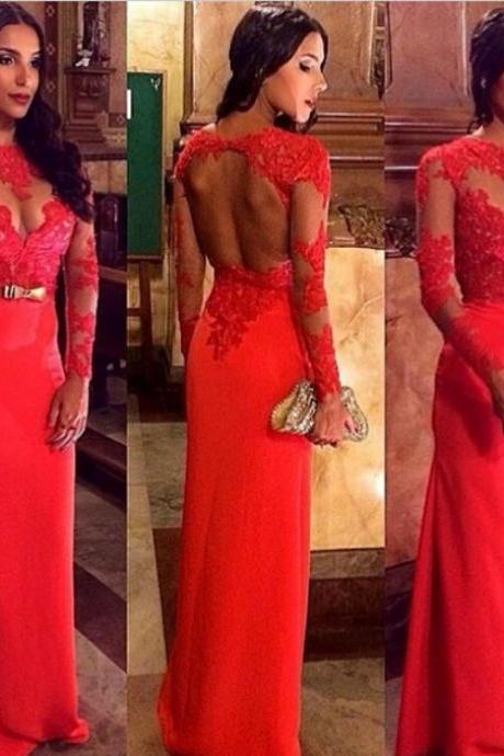 Gorgrous O Neck Lace Applique Evening Dress Custom Made Open Back Floor Length Formal Long Sleeve Sheath Prom Dress